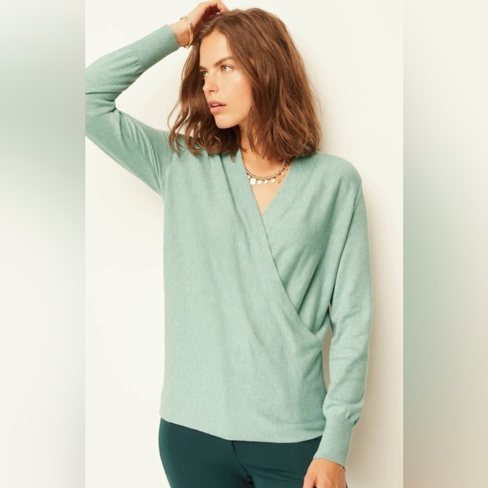 J. Jill Women’s Petite S Faux Wrap Sweater Cozy Feminine Pastel Blue Balletcore